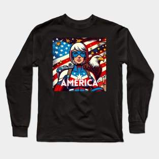 America Patriotic Female Comic Book Cosmic Superhero July 4 USA Bald Eagle Long Sleeve T-Shirt